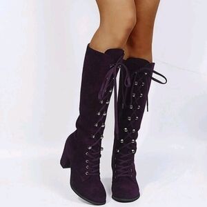 Purple Retro Block Heels Knee High Steampunk Gothic Suede Lace-Up Women's Boots